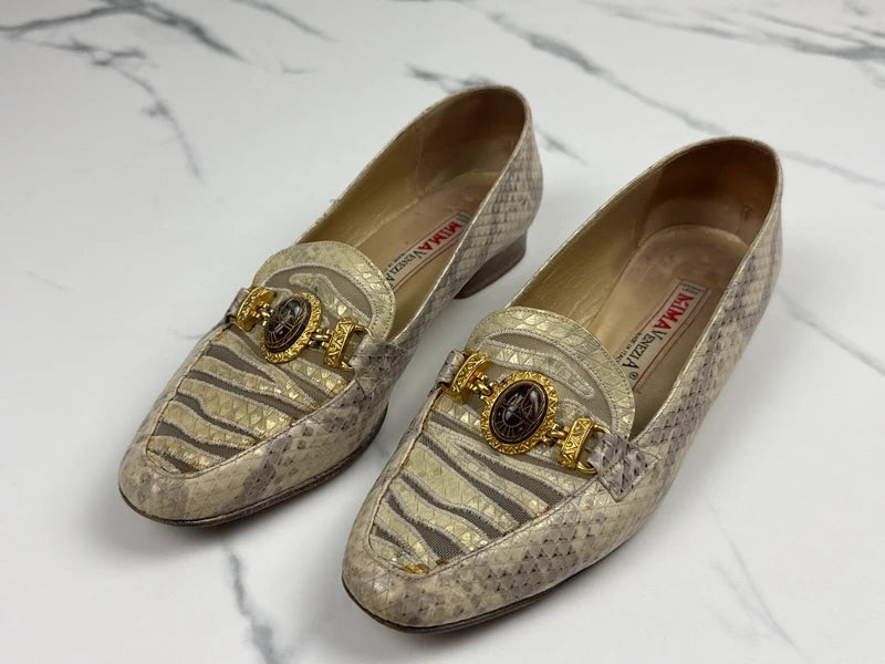 Mima Venezia Damen Vintage Leder Loafer Pumps Beige Gold Gr. 40