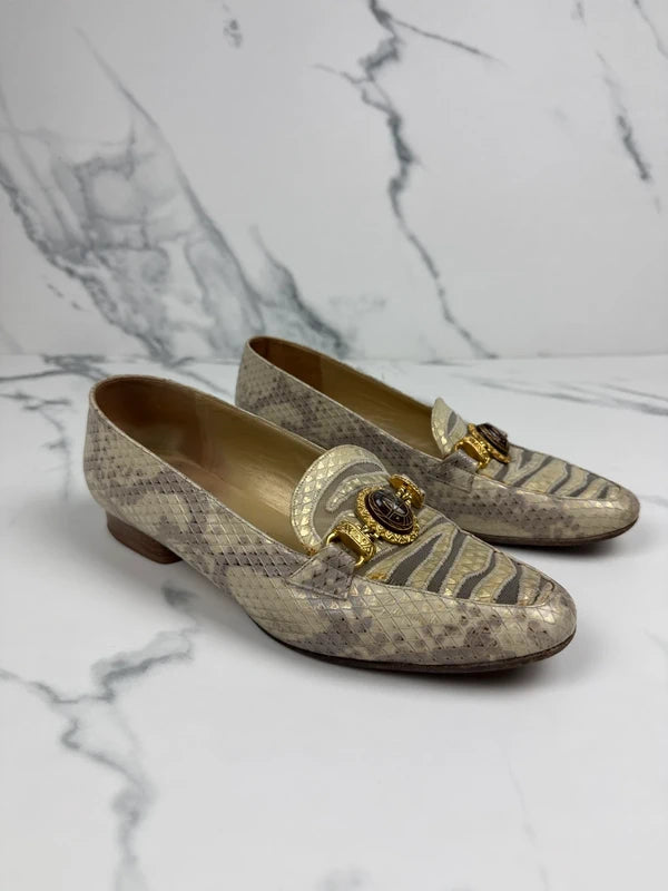 Mima Venezia Damen Vintage Leder Loafer Pumps Beige Gold Gr. 40