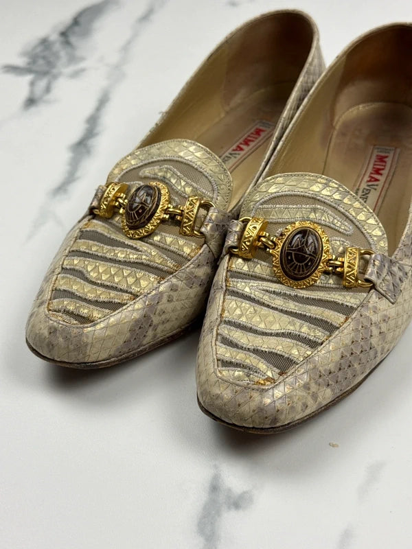 Mima Venezia Damen Vintage Leder Loafer Pumps Beige Gold Gr. 40