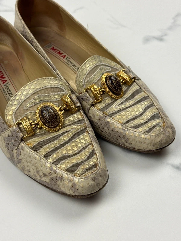 Mima Venezia Damen Vintage Leder Loafer Pumps Beige Gold Gr. 40
