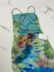 Bershka Damen Tropical Mesh Midikleid Bunt Grün Gr. M 38 Cut Out Neu mit Etikett
