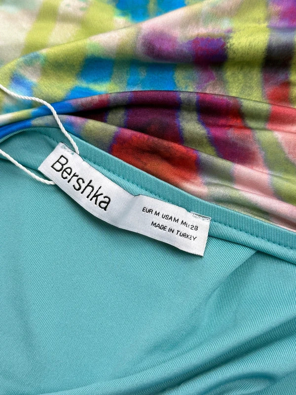 Bershka Damen Tropical Mesh Midikleid Bunt Grün Gr. M 38 Cut Out Neu mit Etikett