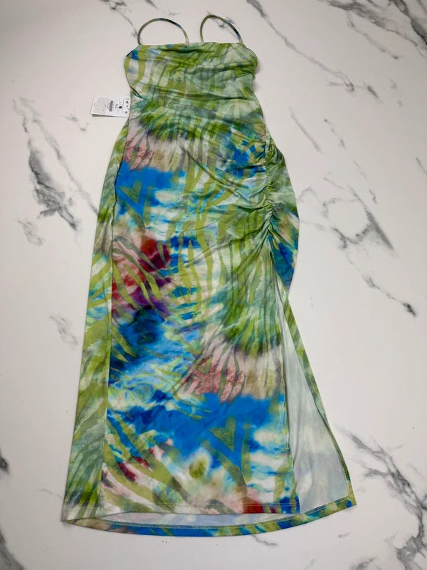 Bershka Damen Tropical Mesh Midikleid Bunt Grün Gr. M 38 Cut Out Neu mit Etikett