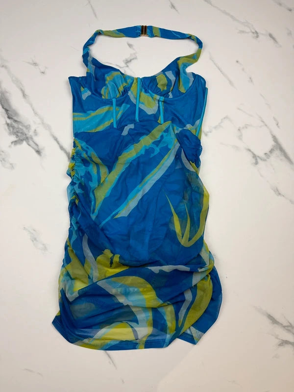 Oh Polly Damen Mesh Halter Minikleid Blau Grün Gr. EU 40 UK 12 Bodycon
