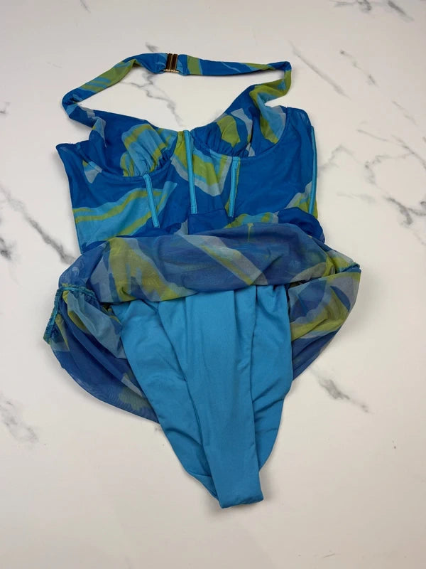 Oh Polly Damen Mesh Halter Minikleid Blau Grün Gr. EU 40 UK 12 Bodycon