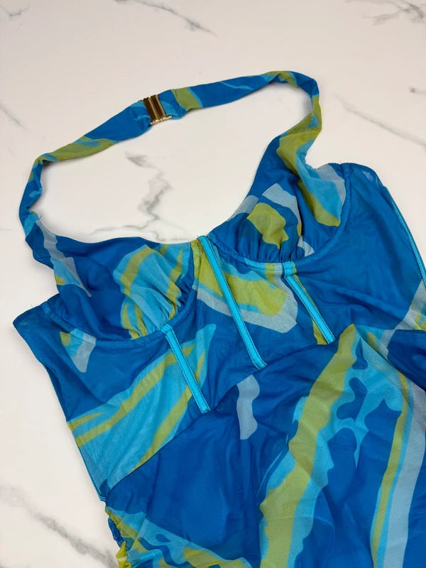 Oh Polly Damen Mesh Halter Minikleid Blau Grün Gr. EU 40 UK 12 Bodycon
