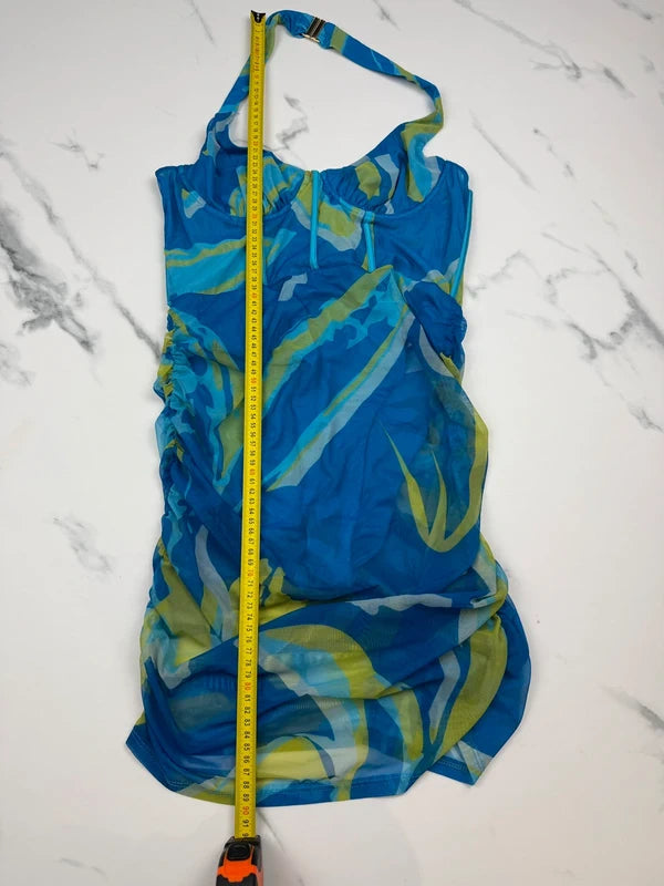 Oh Polly Damen Mesh Halter Minikleid Blau Grün Gr. EU 40 UK 12 Bodycon