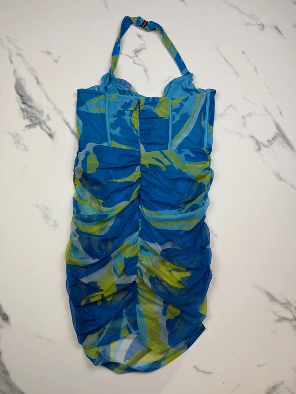 Oh Polly Damen Mesh Halter Minikleid Blau Grün Gr. EU 40 UK 12 Bodycon