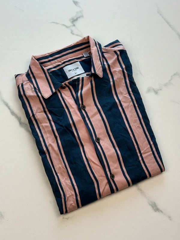 Only & Sons Herren Kurzarmhemd Rosa Dunkelblau Gr. M Gestreift 100% Viskose