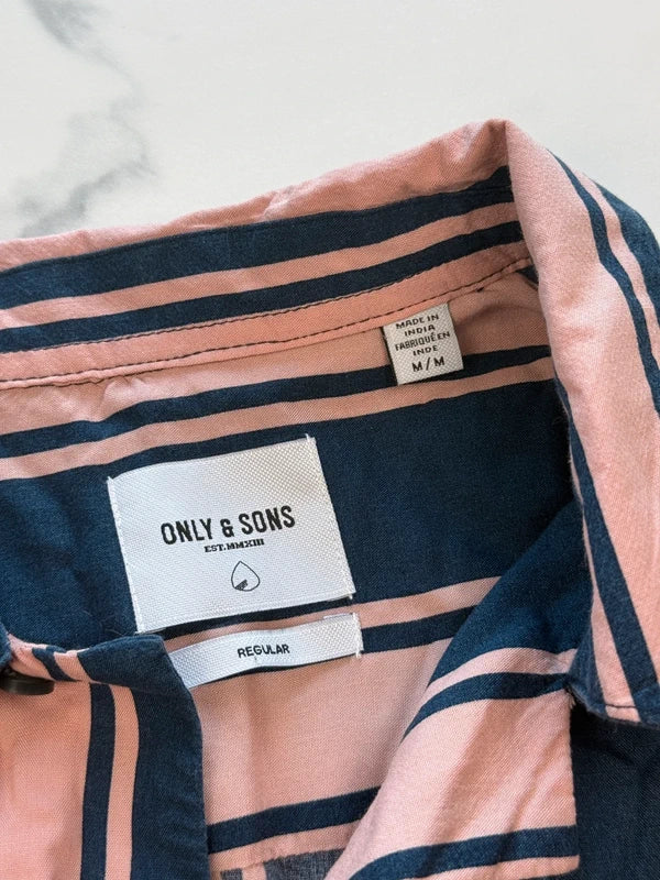 Only & Sons Herren Kurzarmhemd Rosa Dunkelblau Gr. M Gestreift 100% Viskose
