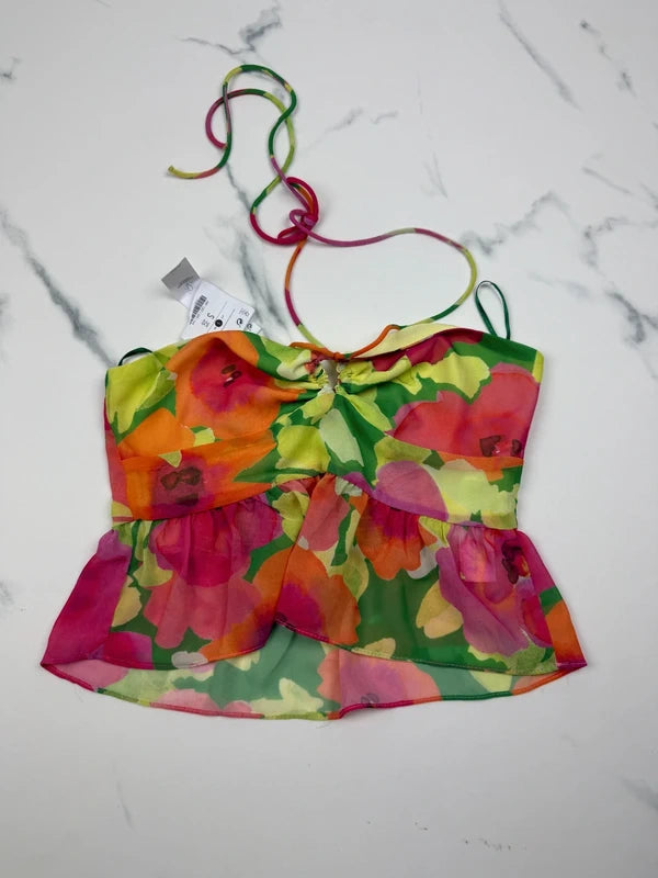 Bershka Damen Blumen Peplum Neckholder Top Bunt Gr. S