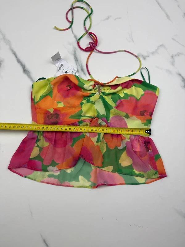 Bershka Damen Blumen Peplum Neckholder Top Bunt Gr. S