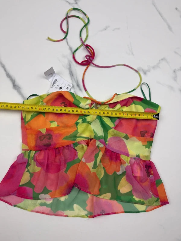 Bershka Damen Blumen Peplum Neckholder Top Bunt Gr. S