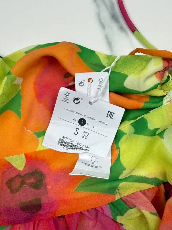 Bershka Damen Blumen Peplum Neckholder Top Bunt Gr. S