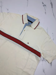 Tommy Hilfiger Herren Poloshirt Creme Rot Dunkelblau Gestreift Gr. M 100% Baumwolle