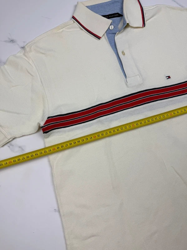 Tommy Hilfiger Herren Poloshirt Creme Rot Dunkelblau Gestreift Gr. M 100% Baumwolle
