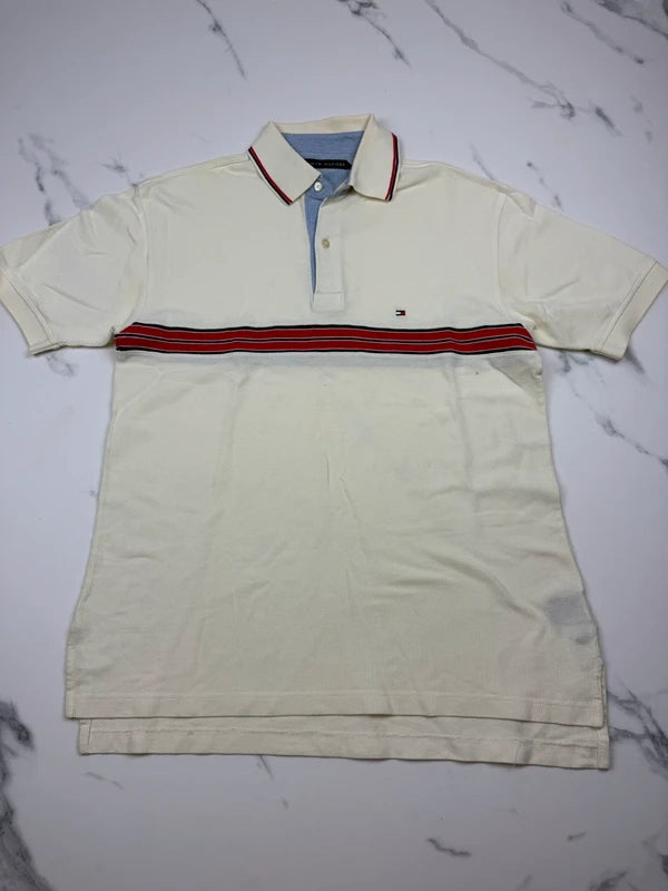 Tommy Hilfiger Herren Poloshirt Creme Rot Dunkelblau Gestreift Gr. M 100% Baumwolle