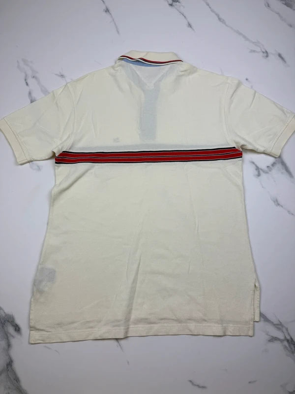Tommy Hilfiger Herren Poloshirt Creme Rot Dunkelblau Gestreift Gr. M 100% Baumwolle