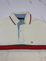 Tommy Hilfiger Herren Poloshirt Creme Rot Dunkelblau Gestreift Gr. M 100% Baumwolle