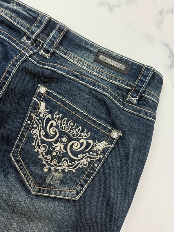 Blue Monkey Luxury Damen Jeans Dunkelblau W31 mit Stickerei & Nieten