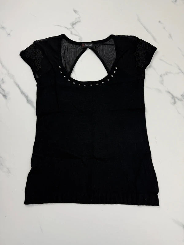 GUESS Damen Top Schwarz Gr. S Spitze Cut-Out Nieten