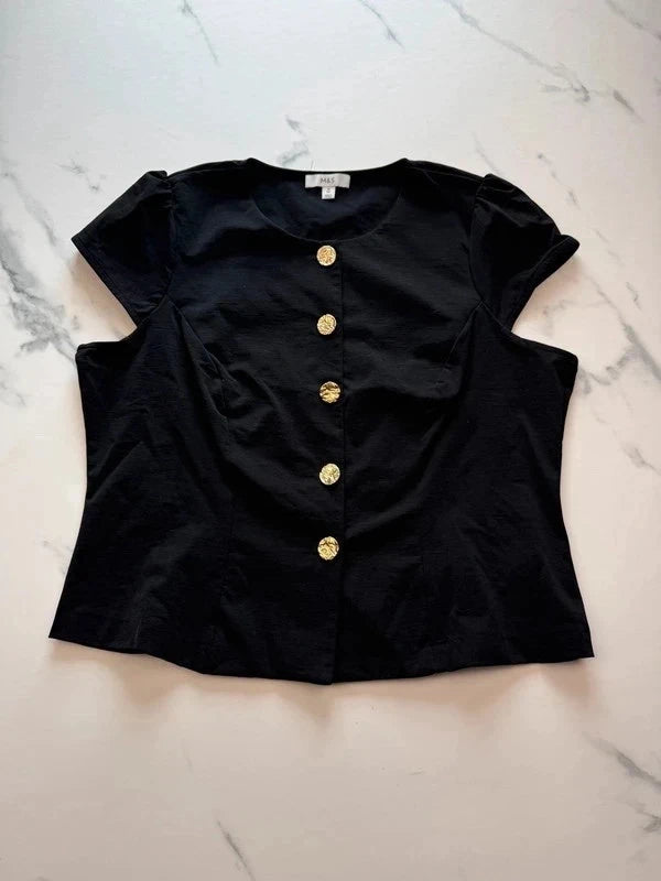 M&S Collection Damen Bluse Schwarz Gr. 46 Goldknöpfe Kurzarm 100% Polyester
