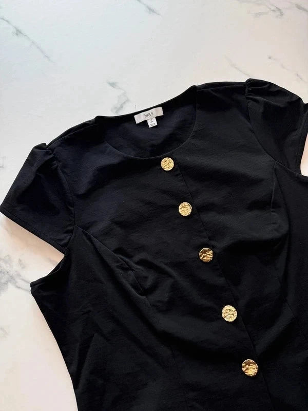 M&S Collection Damen Bluse Schwarz Gr. 46 Goldknöpfe Kurzarm 100% Polyester
