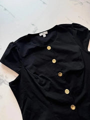 M&S Collection Damen Bluse Schwarz Gr. 46 Goldknöpfe Kurzarm 100% Polyester