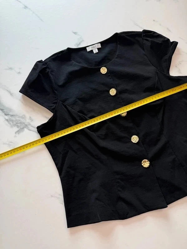 M&S Collection Damen Bluse Schwarz Gr. 46 Goldknöpfe Kurzarm 100% Polyester