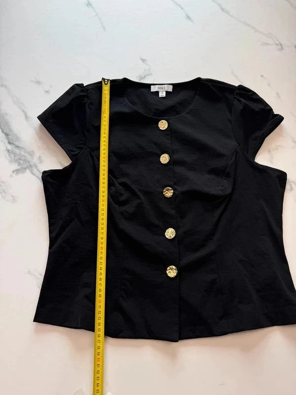 M&S Collection Damen Bluse Schwarz Gr. 46 Goldknöpfe Kurzarm 100% Polyester