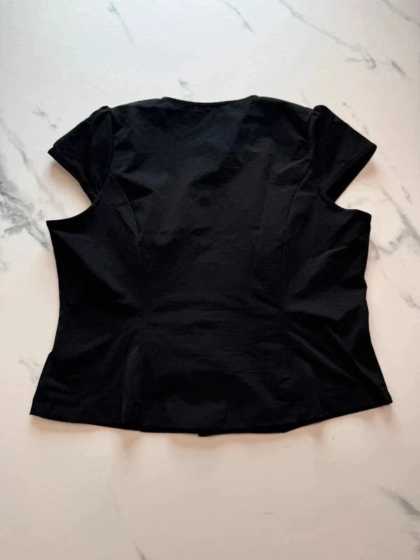 M&S Collection Damen Bluse Schwarz Gr. 46 Goldknöpfe Kurzarm 100% Polyester