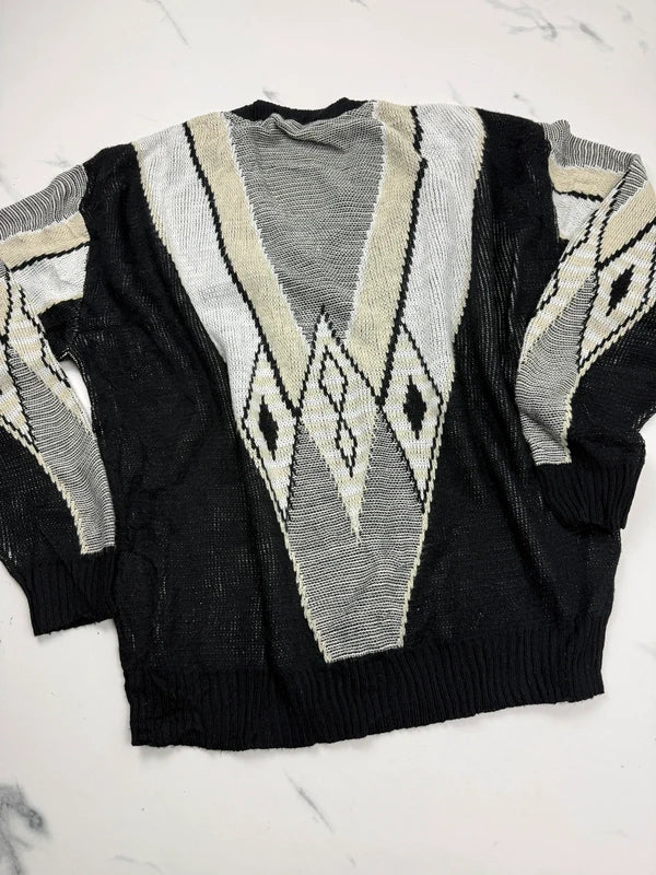 Basic Line Herren Vintage Pullover Schwarz Grau Gr. XL 80er 90er V-Ausschnitt