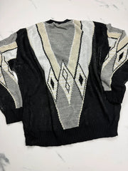 Basic Line Herren Vintage Pullover Schwarz Grau Gr. XL 80er 90er V-Ausschnitt