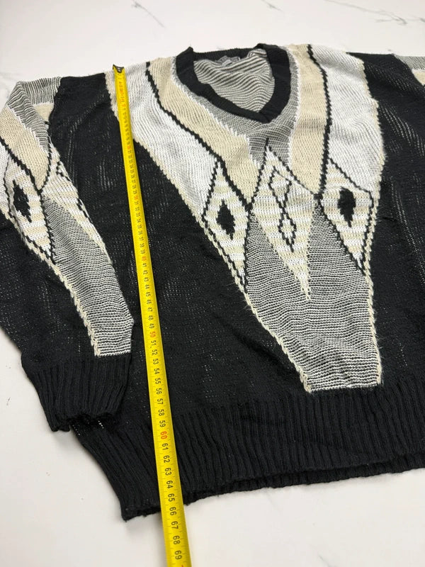 Basic Line Herren Vintage Pullover Schwarz Grau Gr. XL 80er 90er V-Ausschnitt