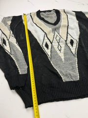 Basic Line Herren Vintage Pullover Schwarz Grau Gr. XL 80er 90er V-Ausschnitt