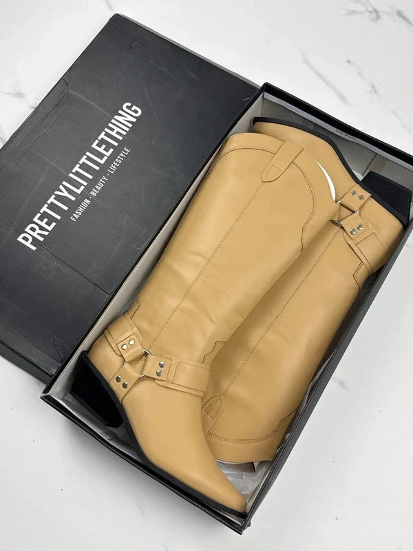 PrettyLittleThing Damen Cowboy Stiefel Beige Gr. 40