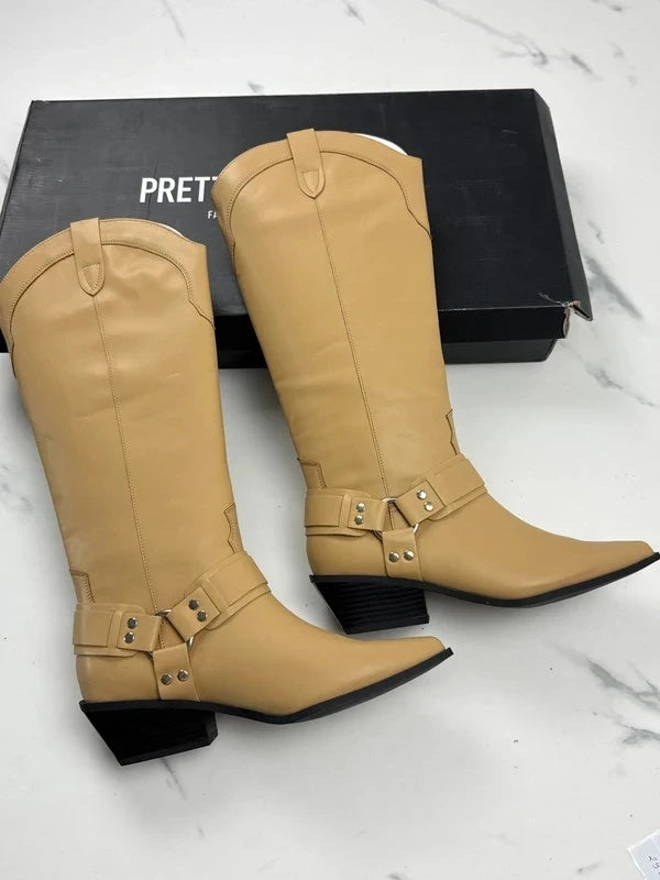 PrettyLittleThing Damen Cowboy Stiefel Beige Gr. 40