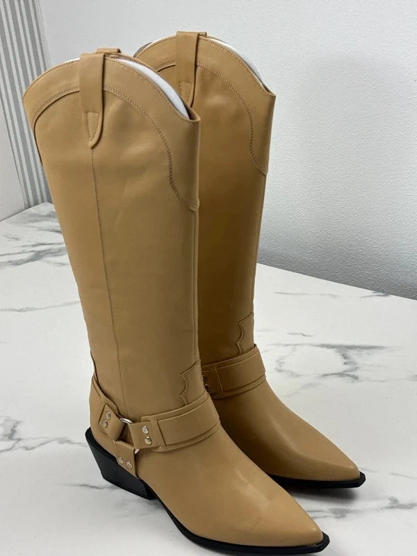 PrettyLittleThing Damen Cowboy Stiefel Beige Gr. 40
