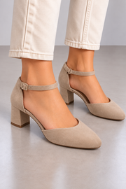 Tamaris Damen Pumps Beige Veloursoptik Riemchen Blockabsatz Gr. 41