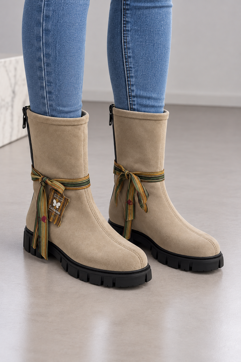Felmini Damen Chunky Boots Beige Schwarz Gr. 37