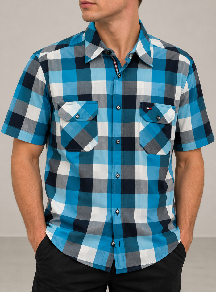 Tommy Hilfiger Herren Kurzarmhemd Kariert Blau Weiß Gr. L 100% Baumwolle