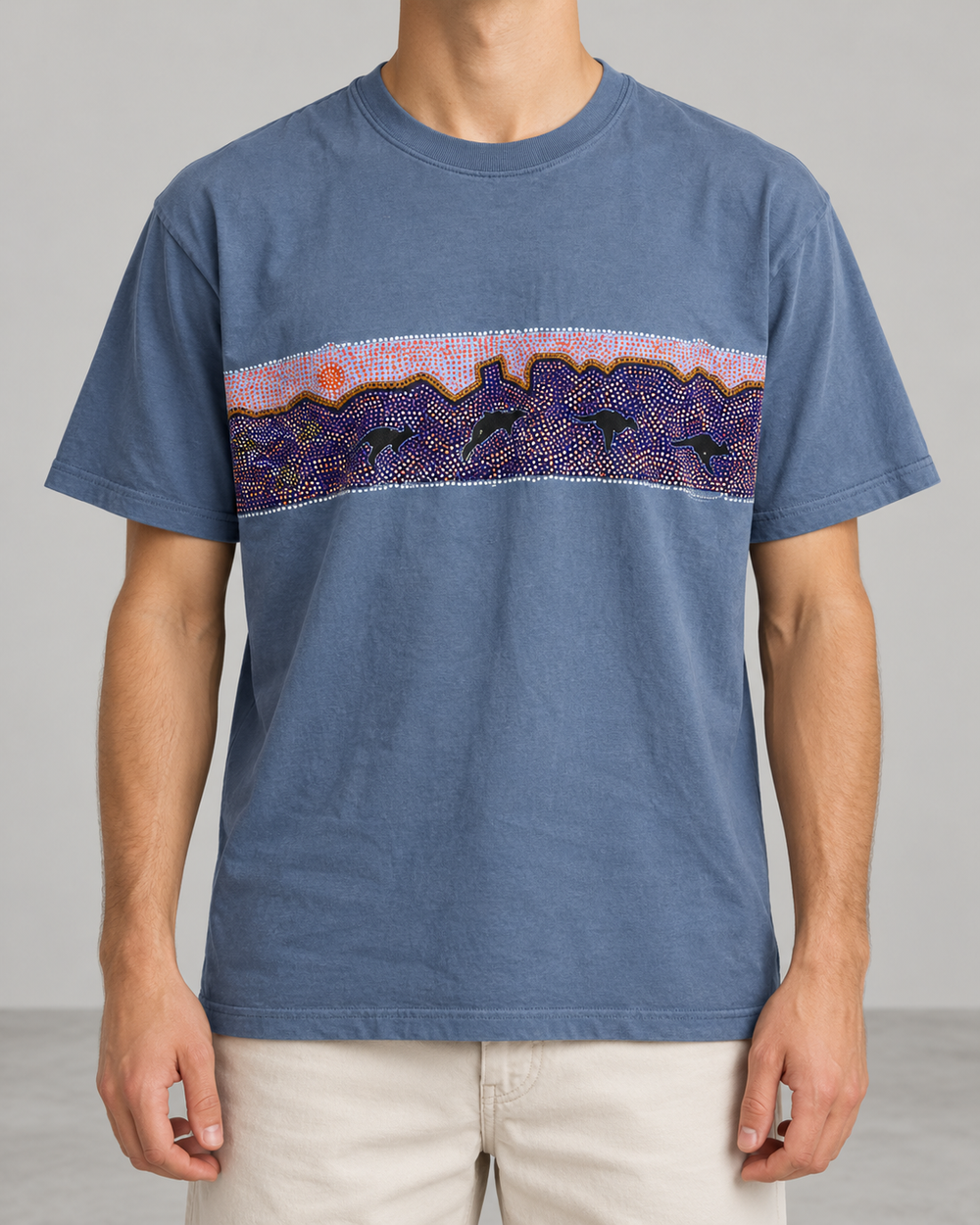 Bulurru Australia Herren T-Shirt Blau Gr. M Aboriginal Art Känguru 100% Baumwolle