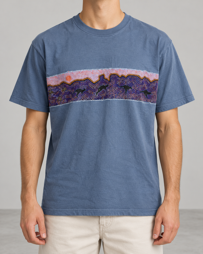 Bulurru Australia Herren T-Shirt Blau Gr. M Aboriginal Art Känguru 100% Baumwolle