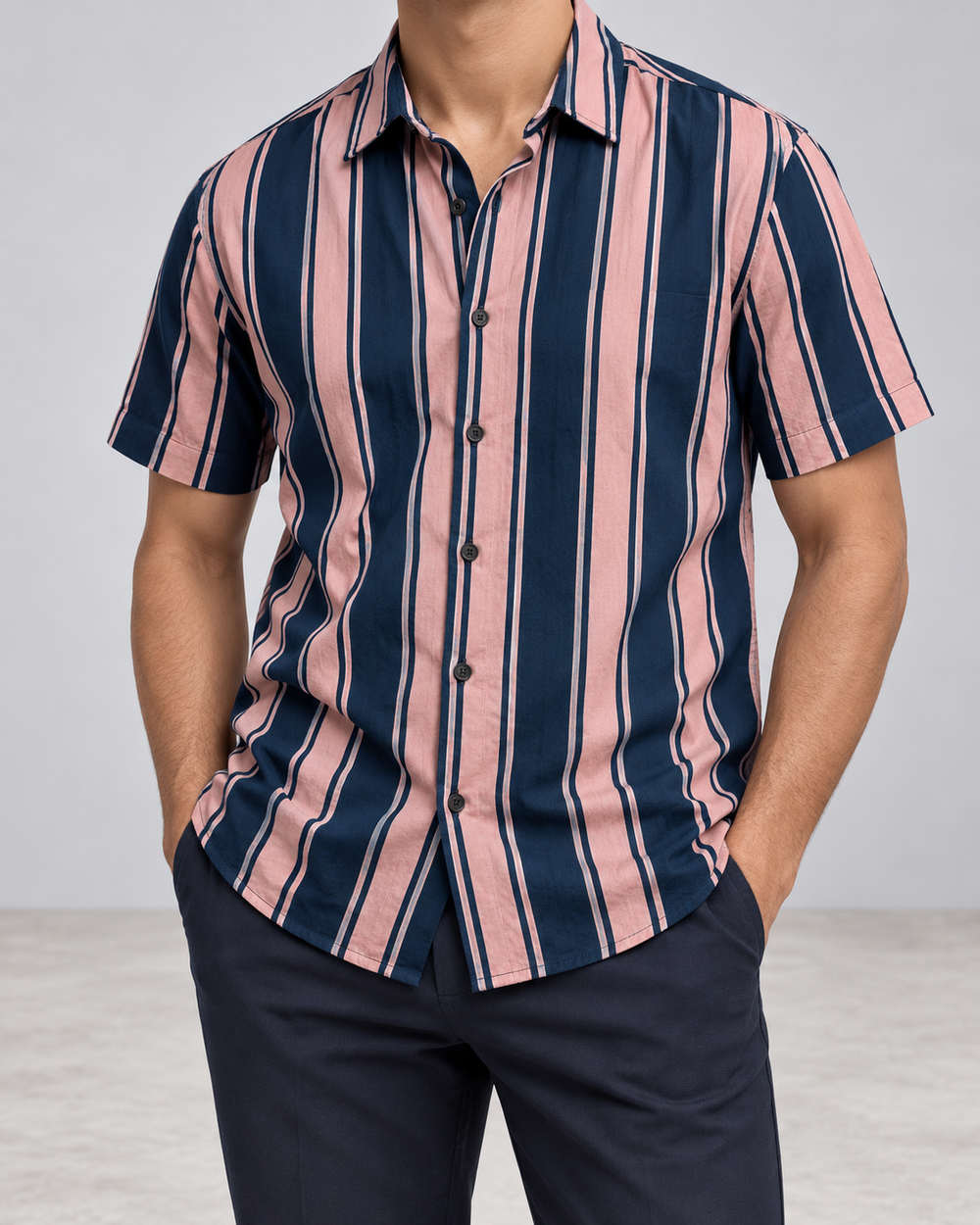 Only & Sons Herren Kurzarmhemd Rosa Dunkelblau Gr. M Gestreift 100% Viskose