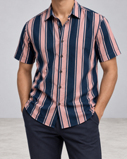 Only & Sons Herren Kurzarmhemd Rosa Dunkelblau Gr. M Gestreift 100% Viskose