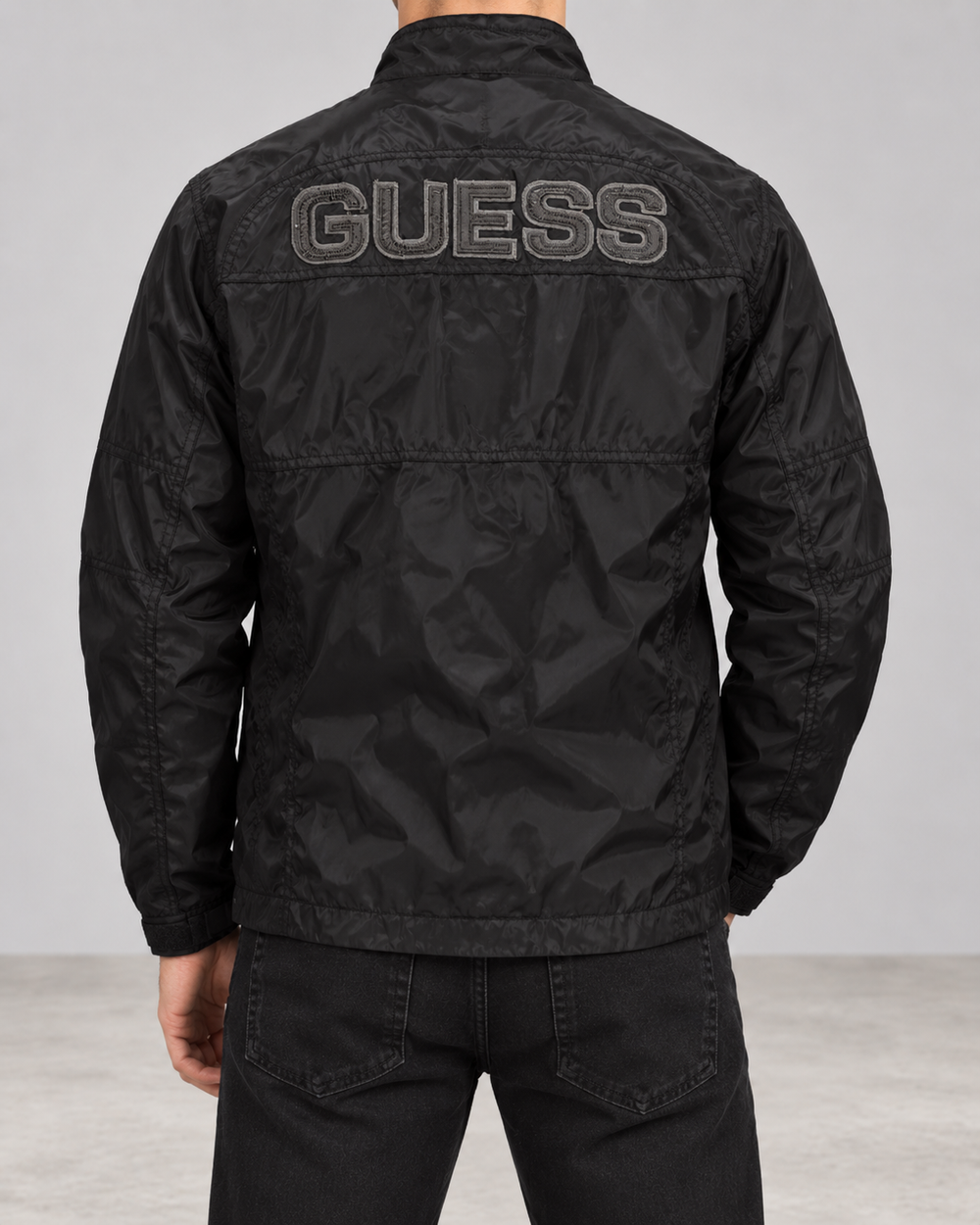 GUESS Herren Übergangsjacke Schwarz Gr. L mit Stickerei 100% Polyamid