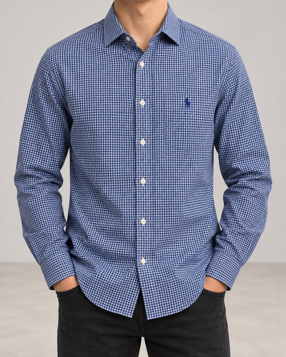Polo Ralph Lauren Herren Hemd Blau Weiß Kariert Gr. 38 Custom Fit 100% Baumwolle