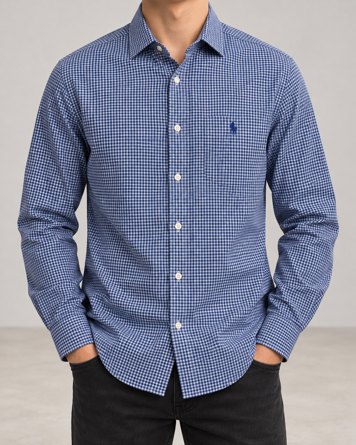 Polo Ralph Lauren Herren Hemd Blau Weiß Kariert Gr. 38 Custom Fit 100% Baumwolle
