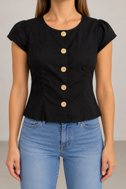 M&S Collection Damen Bluse Schwarz Gr. 46 Goldknöpfe Kurzarm 100% Polyester