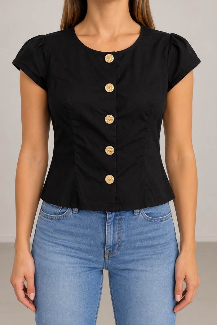 M&S Collection Damen Bluse Schwarz Gr. 46 Goldknöpfe Kurzarm 100% Polyester